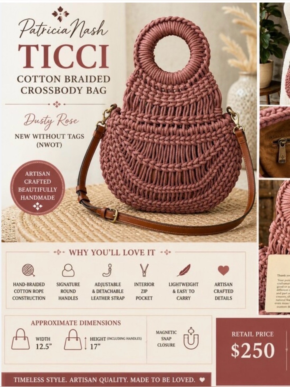 Patricia Nash Braided Cotton Ticci Crossbody/Hand Bag in Toast